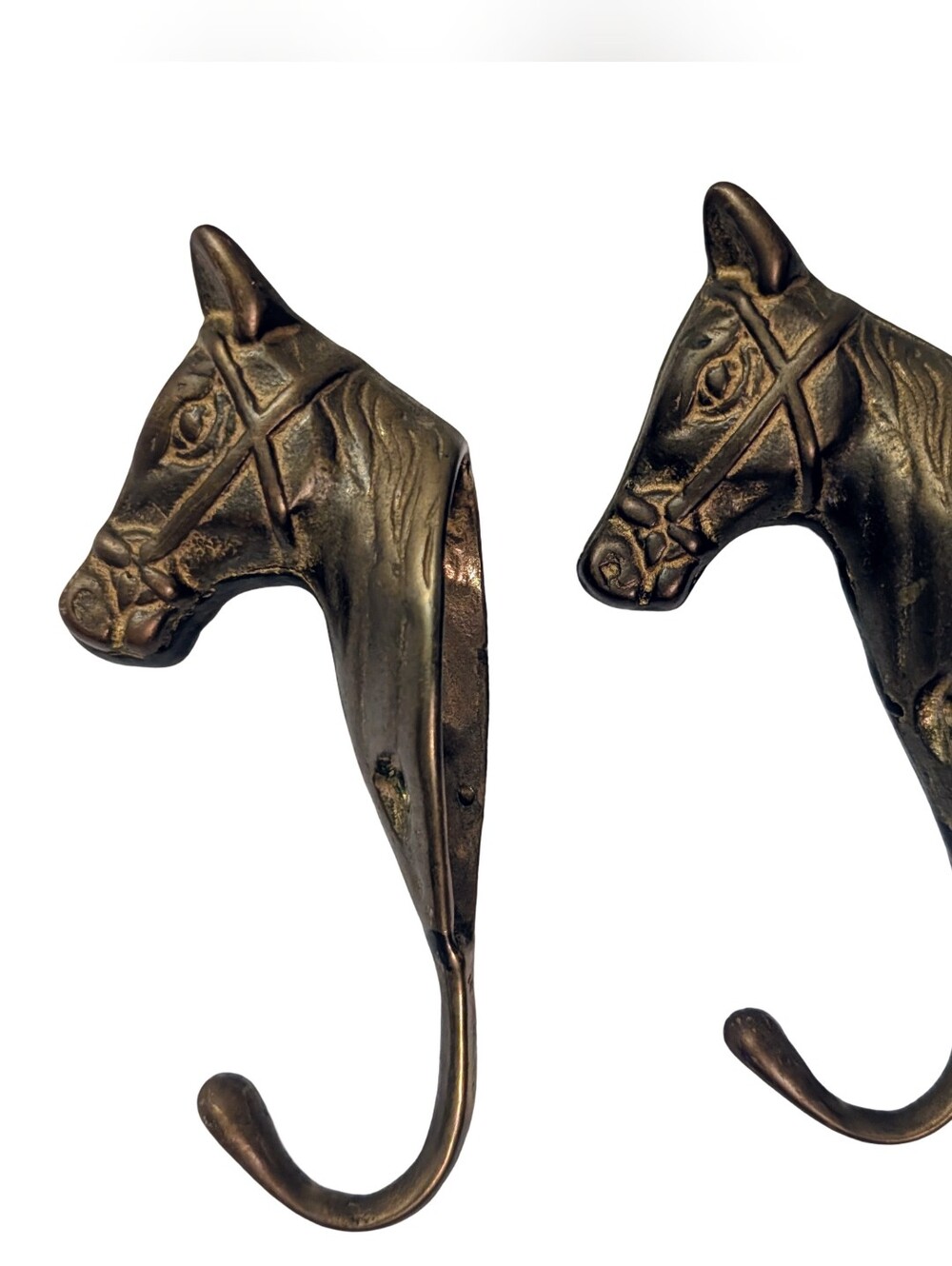 Pair Vintage Brass Horse Head Wall Hooks Equestrian Ranch Heavyweight